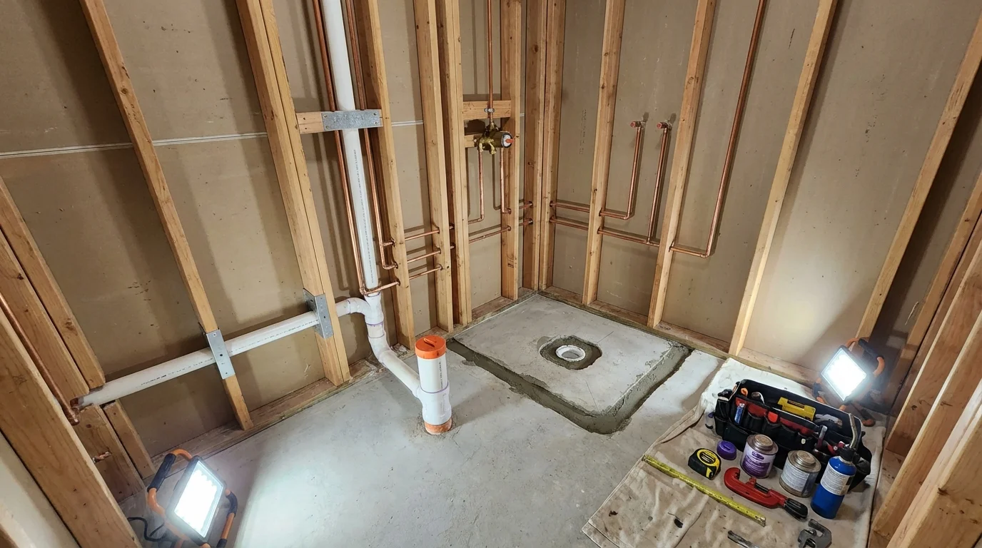 Bathroom rough-in plumbing during remodel by Johns Plumbing LLC in Oyster Bay