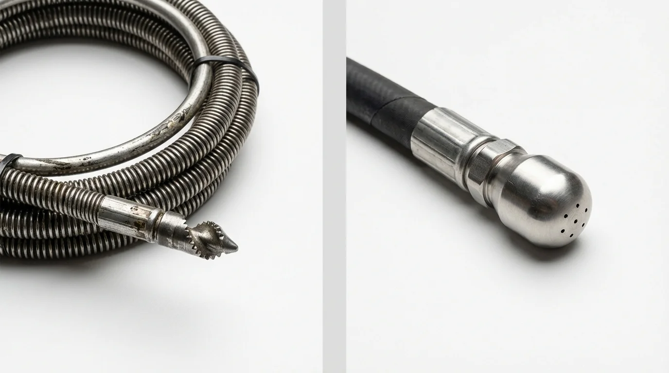 Drain snake cable and hydro jetting nozzle used for drain cleaning in Oyster Bay, NY