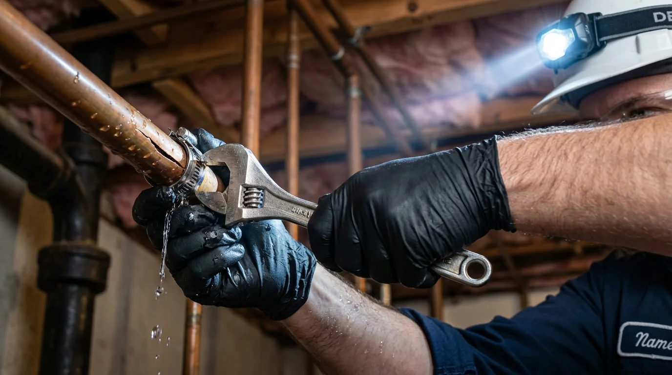 Emergency pipe clamp repair being performed by a Johns Plumbing LLC plumber in Oyster Bay