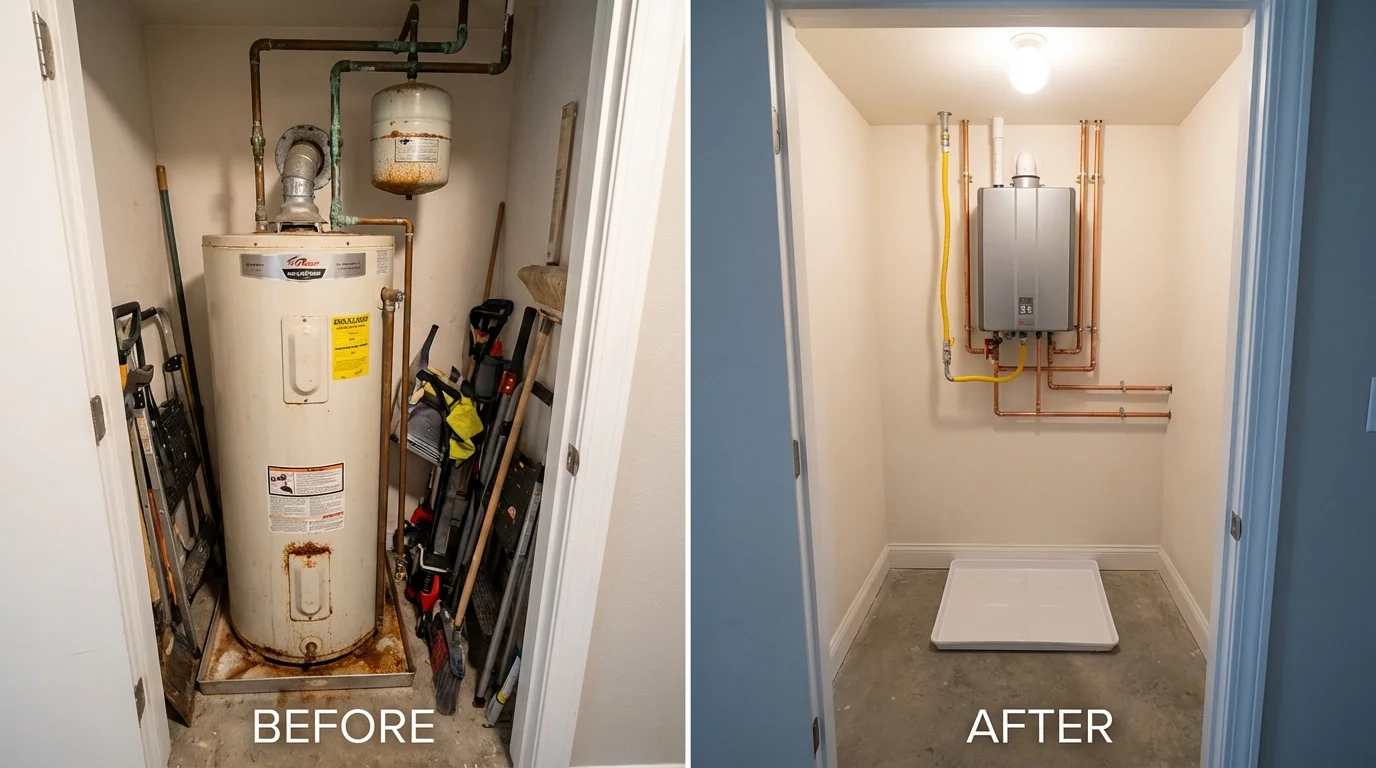 Tank water heater versus wall-mounted tankless unit comparison for Oyster Bay, NY homeowners
