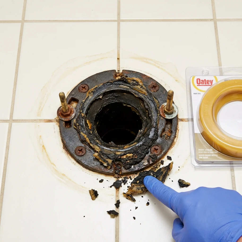 Failed wax ring showing water seepage at the base of a toilet in a Oyster Bay, NY home