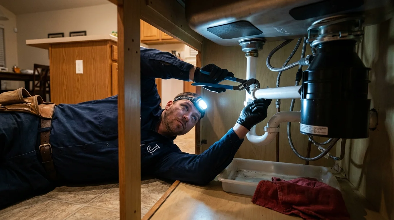P-trap and supply line connections under a kitchen sink showing a common leak point in Oyster Bay, NY